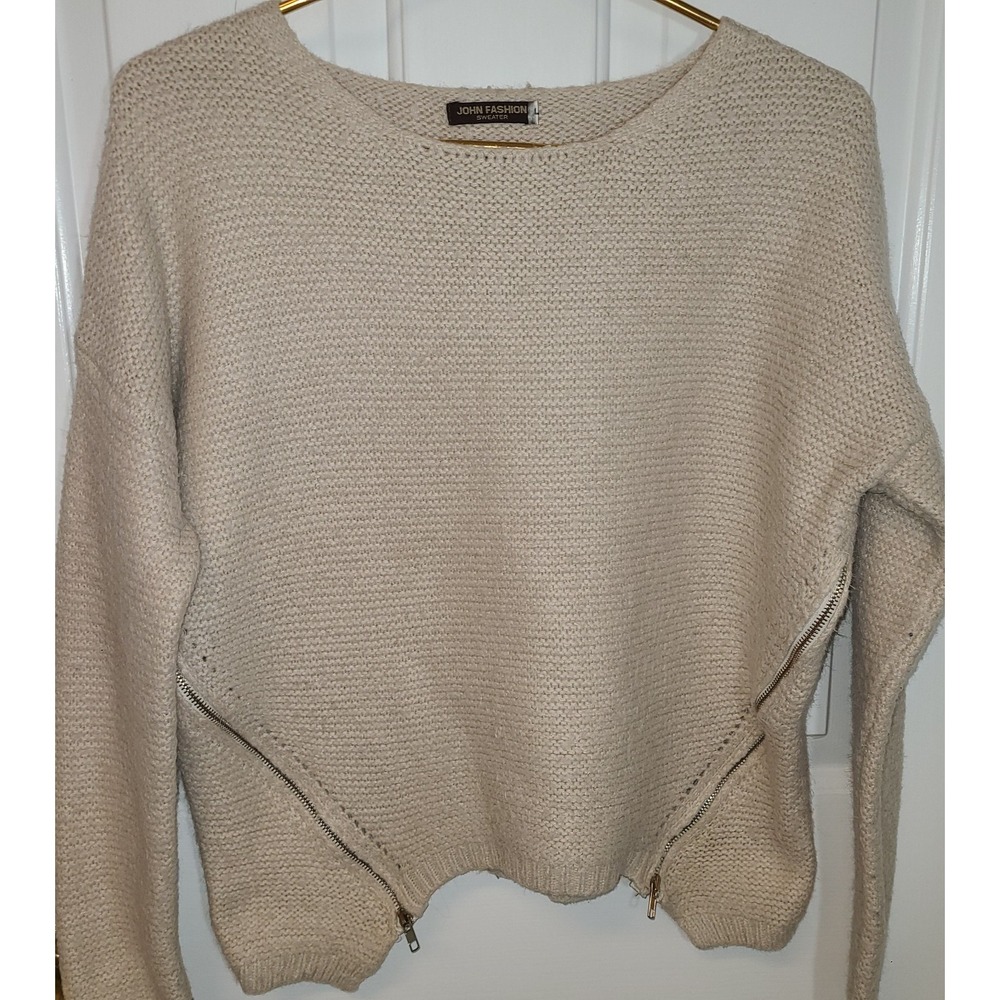 John Fashion Beige Cream Diagonal Zipper Knit Sweater L Boho Casual Cool